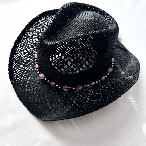 Black Western Cowboy Hat with Pink Beads - Picture 4 of 8